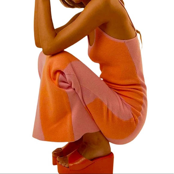 Maxi Knit Orange Pink Graphic Fitted Bodycon Dress - Picture 2 of 5